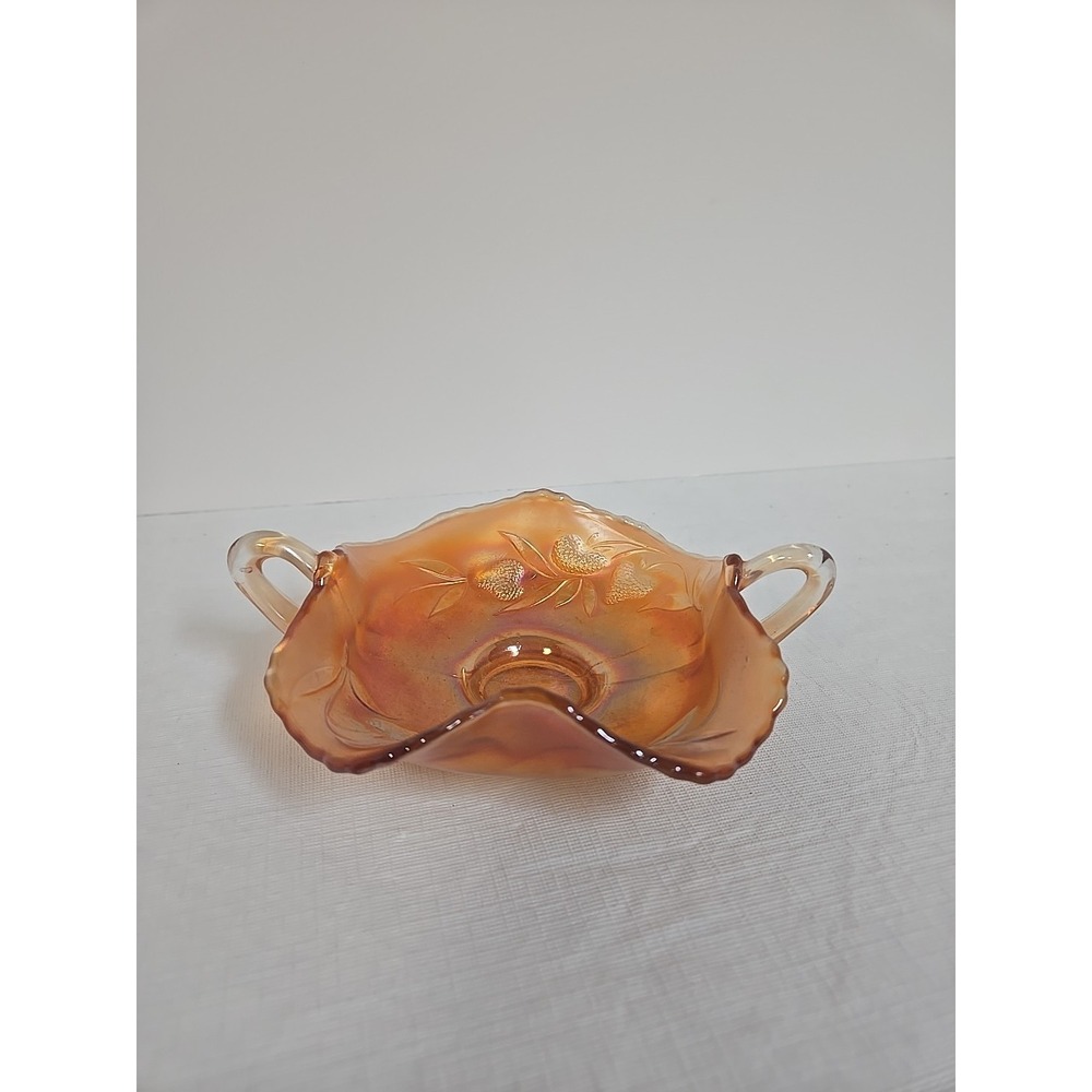 Vintage Fenton Marigold Carnival Glass Strawberry Vine Handled Bon Bon Dish
